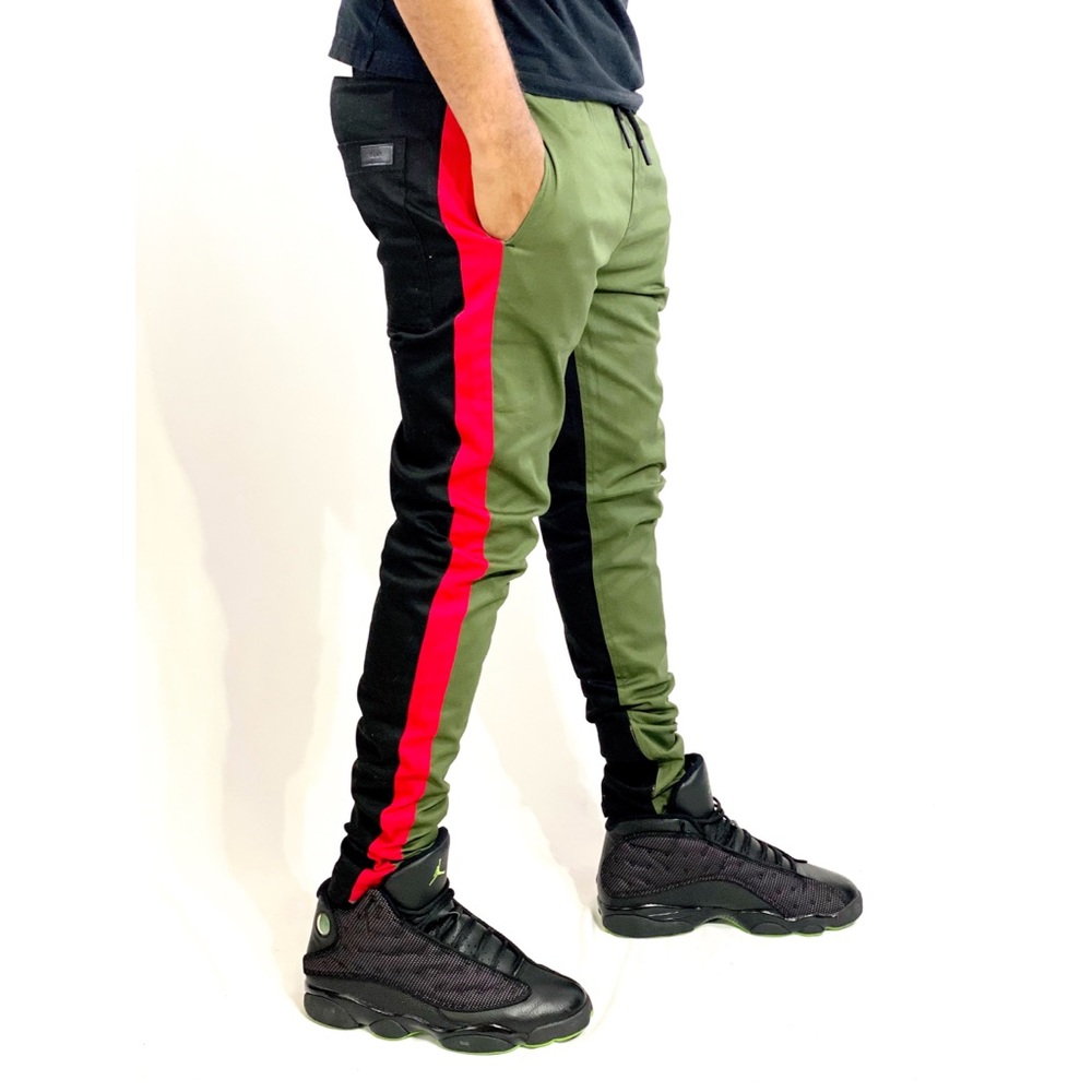 Striped Zip-Up Chino Pants - Olive/Black/Red